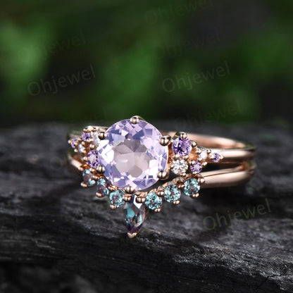 Round cut lavender Amethyst ring vintage rose gold snowdrift unique engagement ring set alexandrite wedding ring band women crystal ring