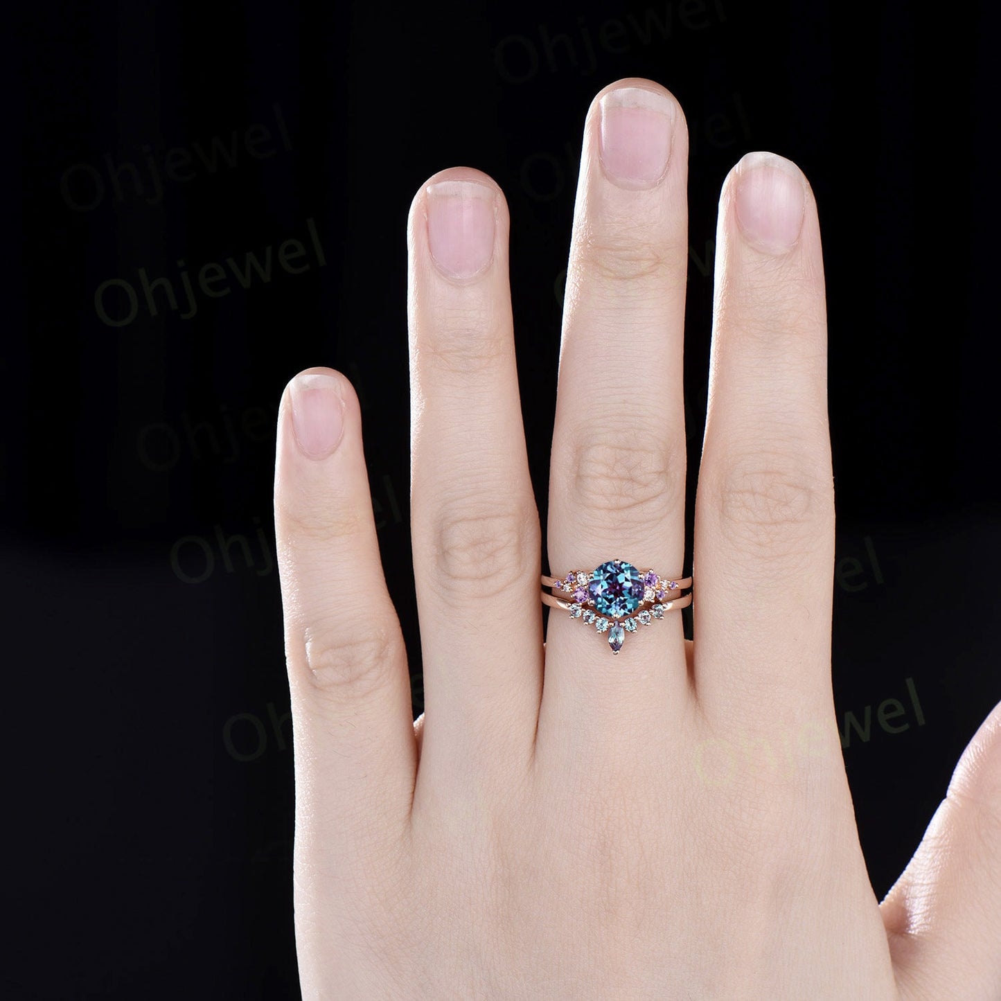 Unique round alexandrite engagement ring set 6 prong snowdrift amethyst ring rose gold cluster moissanite promise bridal ring set women gift