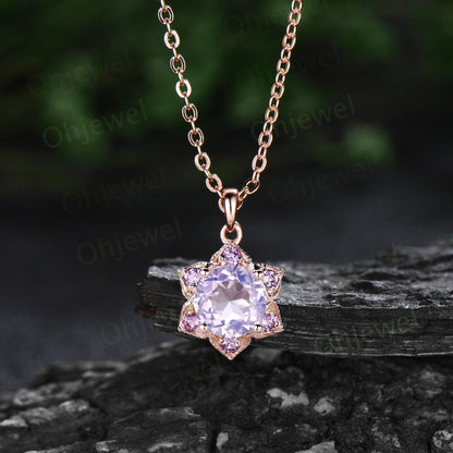 Round Lavender Amethyst necklace vintage milgrain floral purple amethyst Pendant women rose gold February birthstone anniversary gift her