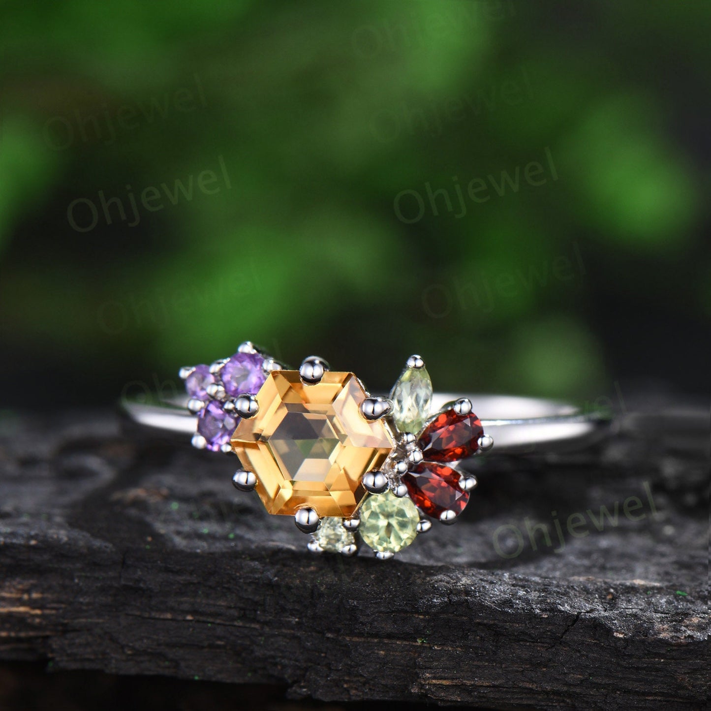 Unique hexagon cut yellow citrine engagement ring cluster peridot amethyst garnet ring women gemstone crystal multi stone ring gift for her