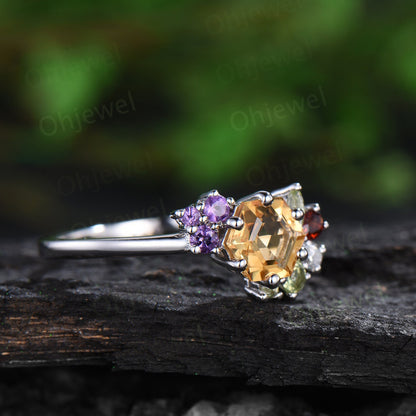 Unique hexagon cut yellow citrine engagement ring cluster peridot amethyst garnet ring women gemstone crystal multi stone ring gift for her