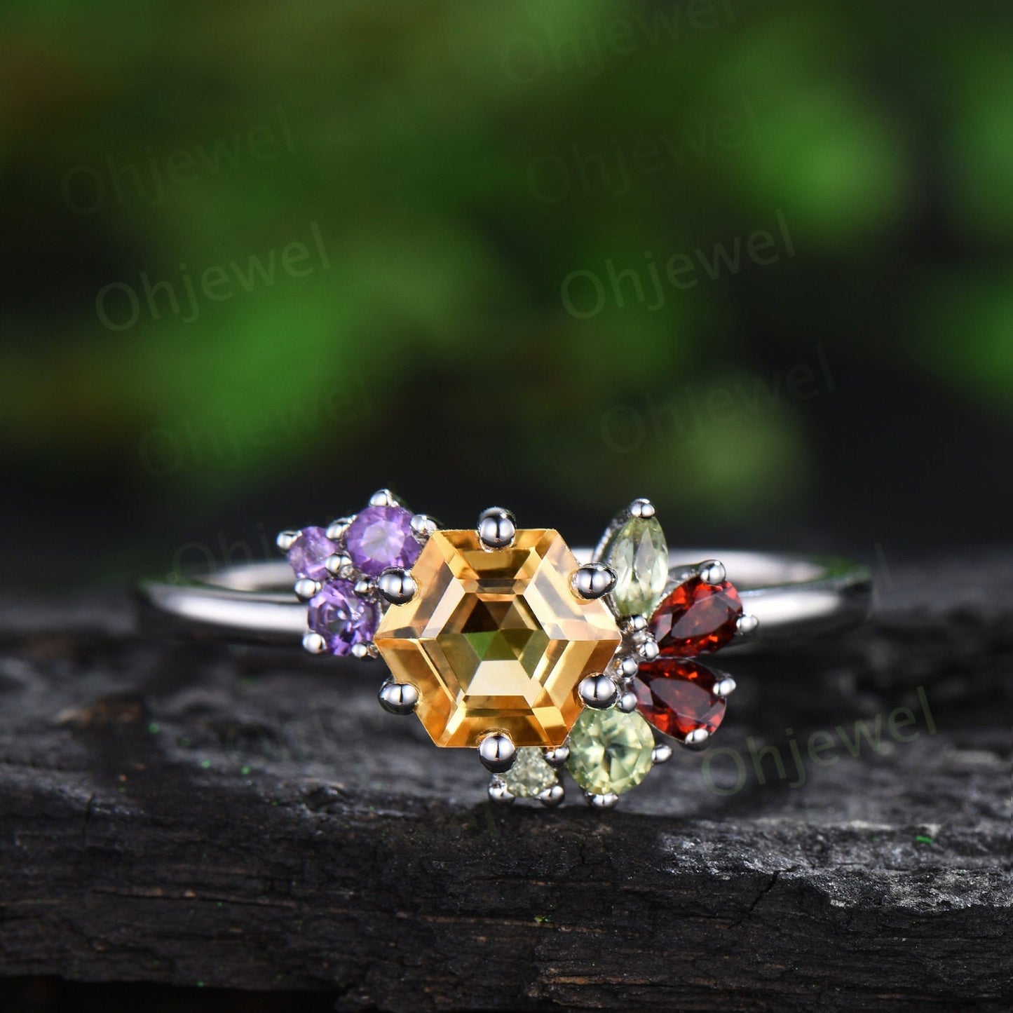 Unique hexagon cut yellow citrine engagement ring cluster peridot amethyst garnet ring women gemstone crystal multi stone ring gift for her
