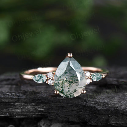8x10mm pear moss agate engagement ring rose gold marquise moss agate ring set women Personalized diaond bridal promise ring set her
