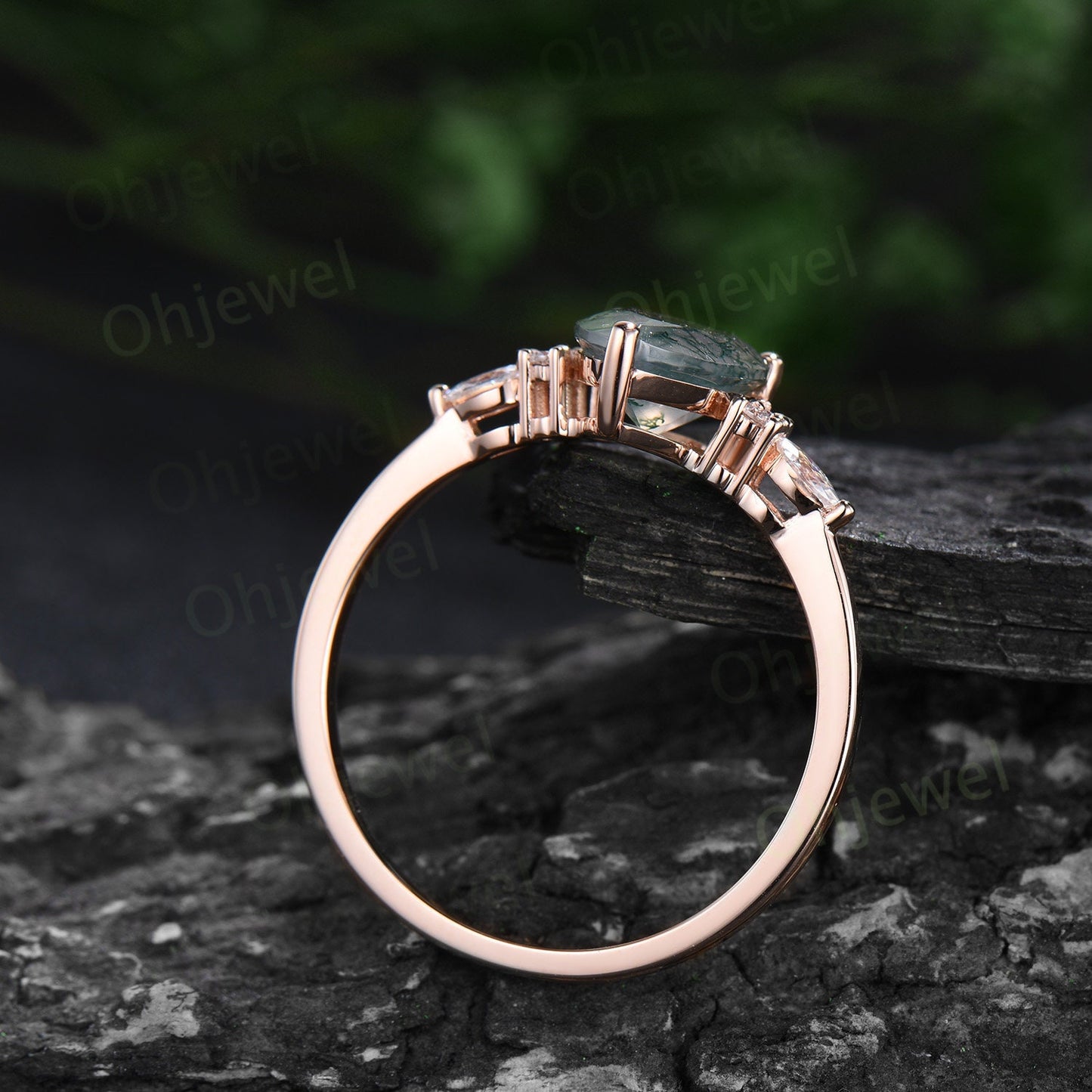 8x10mm pear moss agate engagement ring rose gold marquise moss agate ring set women Personalized diaond bridal promise ring set her