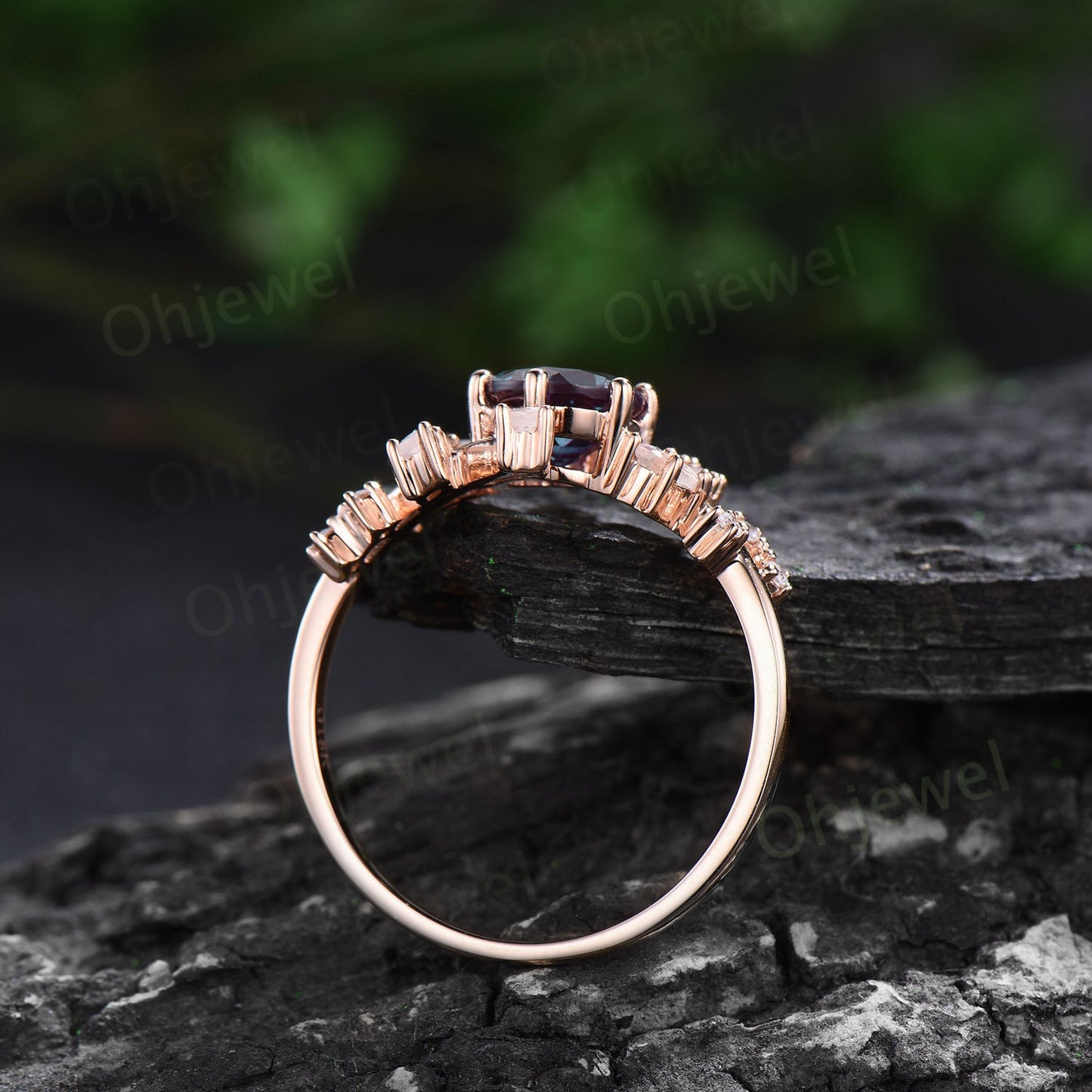 1ct round alexandrite engagement ring leaf cluster rose gold marquise moonstone ring women stacking twisted promise anniversary ring set