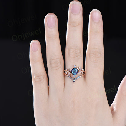 1ct round alexandrite engagement ring leaf cluster rose gold marquise moonstone ring women stacking twisted promise anniversary ring set