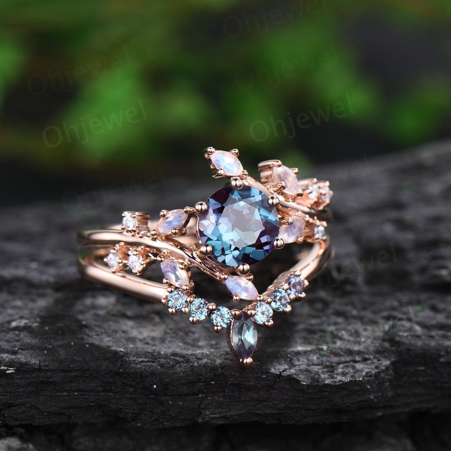 1ct round alexandrite engagement ring leaf cluster rose gold marquise moonstone ring women stacking twisted promise anniversary ring set