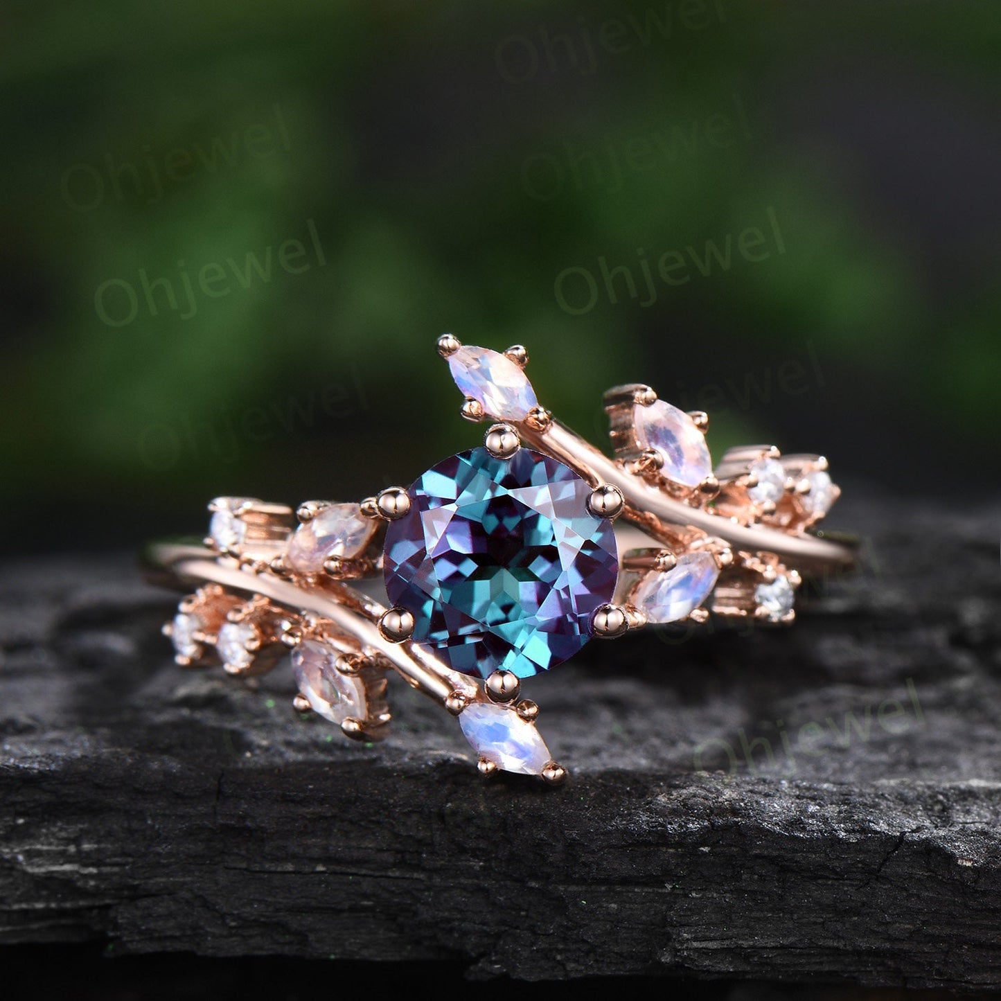 1ct round alexandrite engagement ring leaf cluster rose gold marquise moonstone ring women stacking twisted promise anniversary ring set