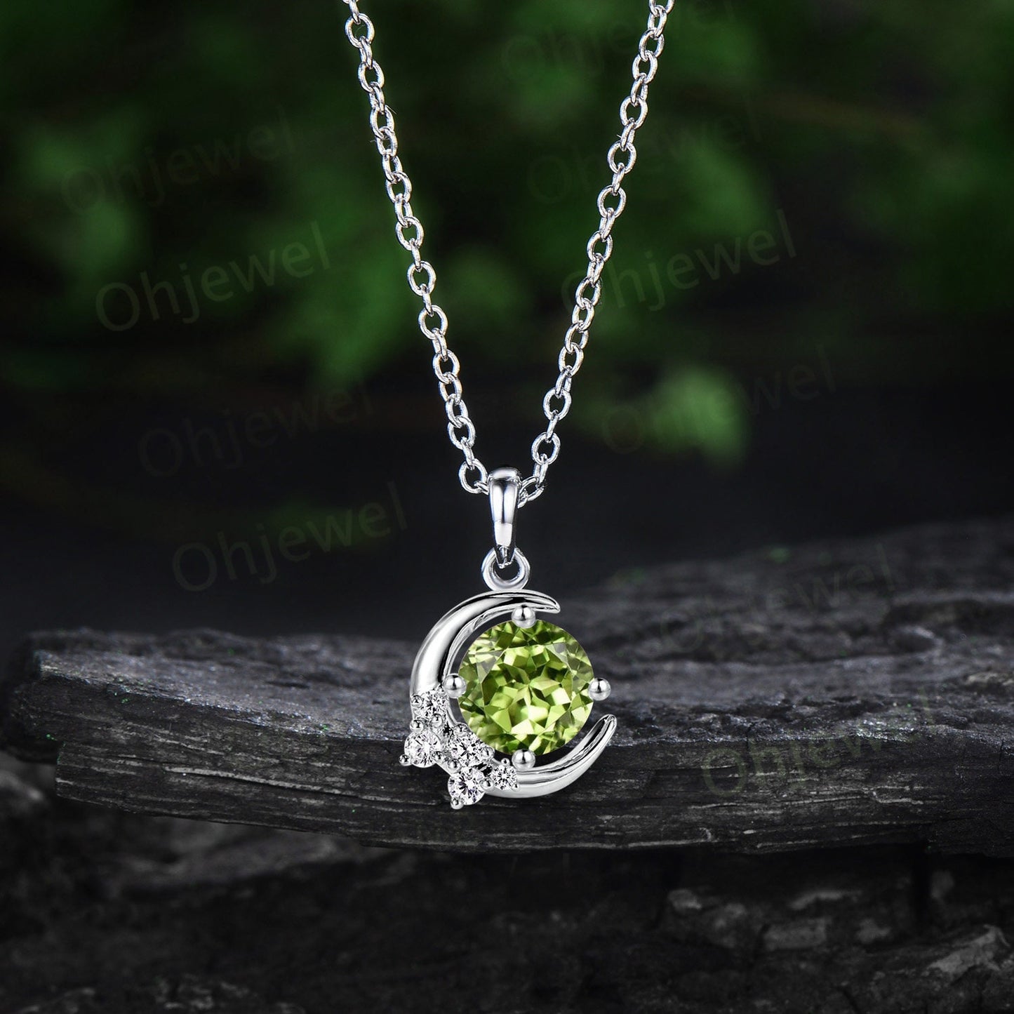 1ct Round peridot necklace solid 14k rose gold unique moon necklace cluster moissanite Pendant women anniversary gift August birthstone