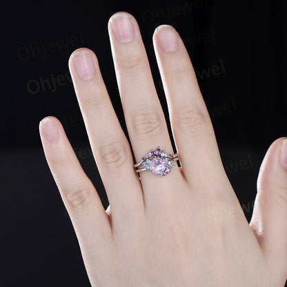 Round Lavender Amethyst engagement ring white gold 6 prong cluster blue topaz amethyst ring women stacking bridal set birthstone gift her