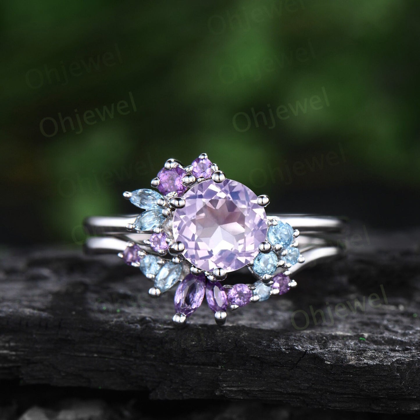 Round Lavender Amethyst engagement ring white gold 6 prong cluster blue topaz amethyst ring women stacking bridal set birthstone gift her