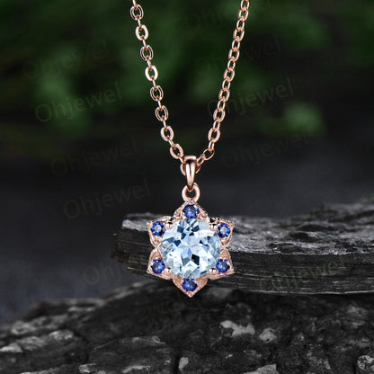 Round natural aquamarine necklace vintage milgrain floral sapphire Pendant women solid 14k rose gold March birthstone anniversary gift her