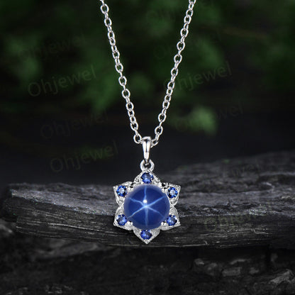 Round blue star sapphire necklace vintage milgrain floral sapphire Pendant women solid 14k rose gold September birthstone anniversary gift