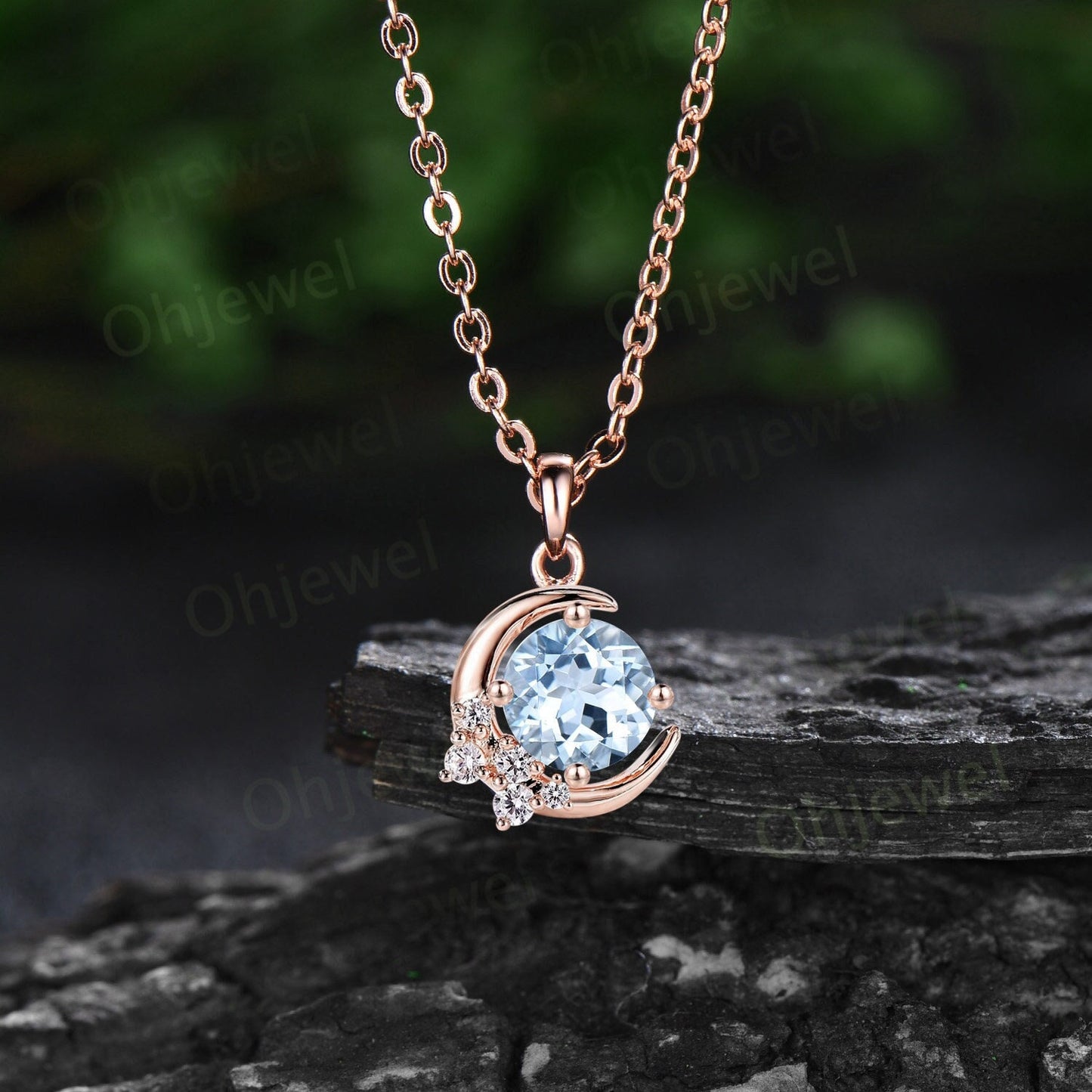 1ct Round aquamarine necklace solid 14k rose gold unique moon necklace cluster moissanite Pendant women anniversary gift March birthstone