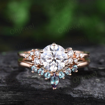 Unique round cut moissanite engagement ring set rose gold snowdrift moissanite ring alexandrite wedding bridal ring set women jewelry