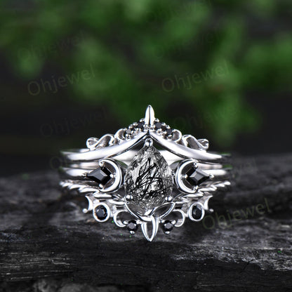 Vintage pear black rutilated quartz engagement ring white gold art deco moon ring set black stone unique anniversary promise ring women her