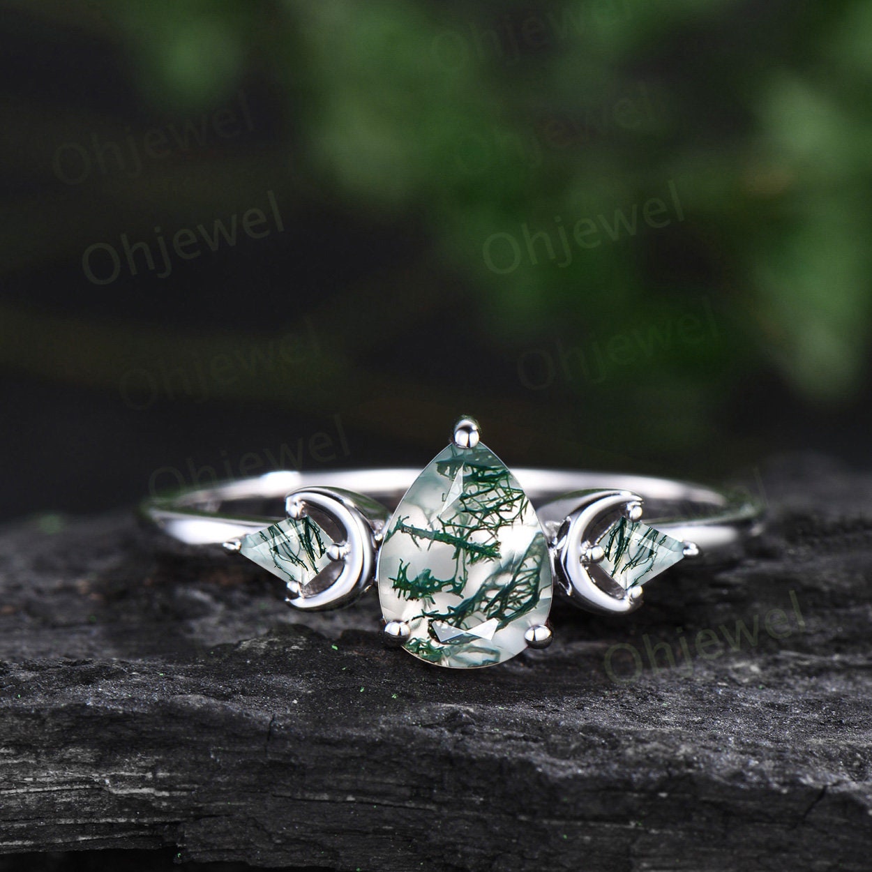 Three stone kite pear green moss agate engagement ring solid 14k white gold vintage black diamond moon bridal promise ring women jewelry