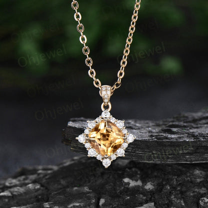 Cushion cut citrine necklace solid 14k yellow gold unique snowdrift halo diamond Pendant November birthstone anniversary gift for women her
