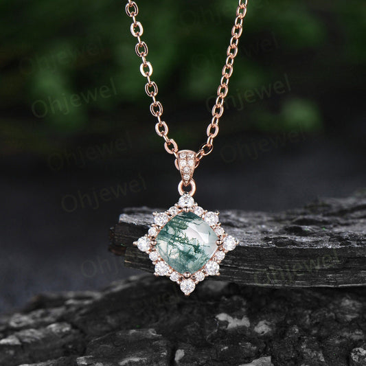 Cushion cut green moss agate necklace solid 14k yellow gold unique snowdrift halo diamond Pendant gemstone anniversary gift for women her