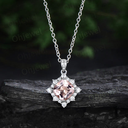 Vintage cushion cut morganite necklace solid 14k rose gold unique snowdrift halo diamond Pendant pink gemstone anniversary gift women her