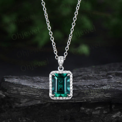 3ct emerald cut green emerald necklace solid 14k yellow gold unique halo diamond Pendant women Personalized antique anniversary gift her