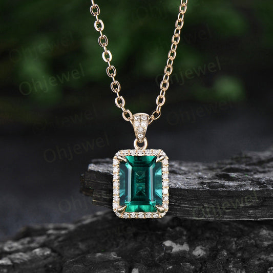 3ct emerald cut green emerald necklace solid 14k yellow gold unique halo diamond Pendant women Personalized antique anniversary gift her