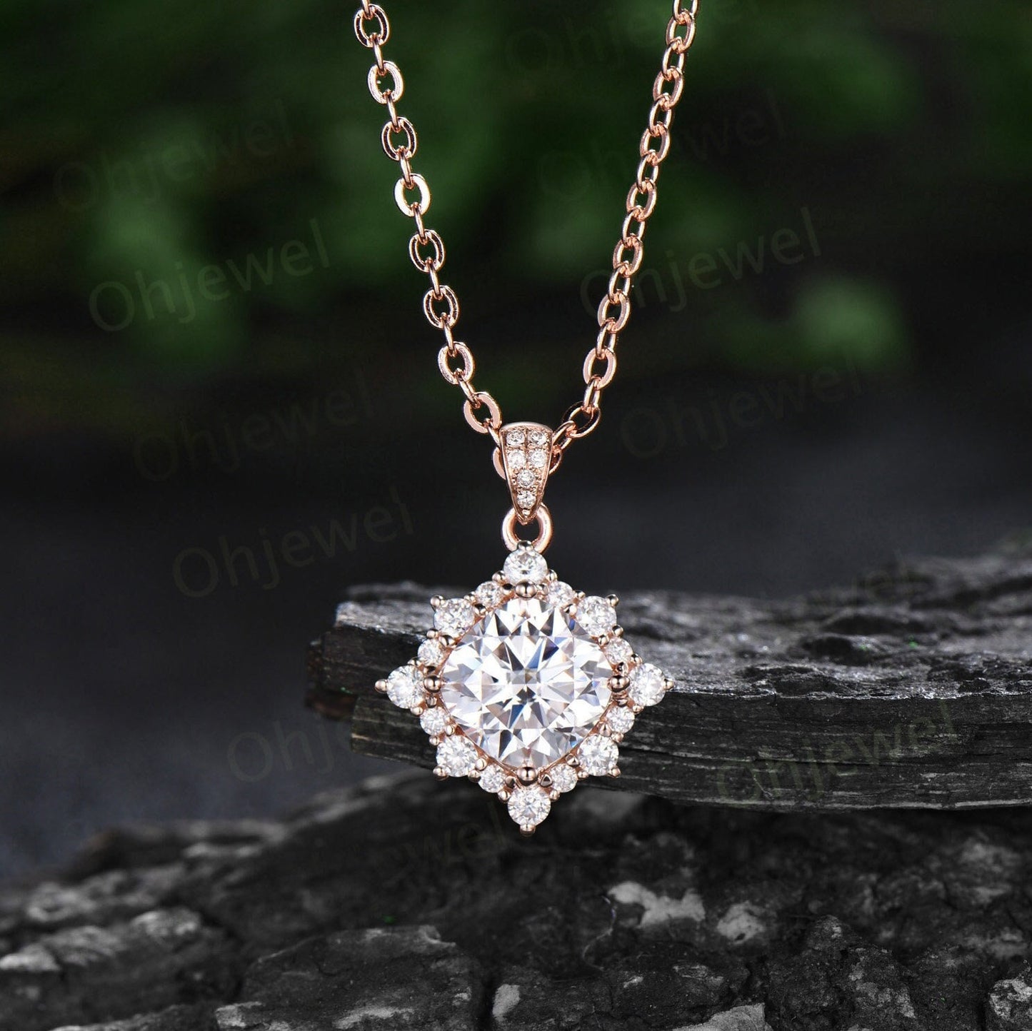 Cushion cut moissanite necklace solid 14k rose gold unique snowdrift halo diamond Pendant bridal wedding anniversary gift for women her