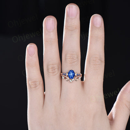 Oval star sapphire ring moon opal wedding ring set art deco five stone unique engagement ring women yellow gold anniversary ring gift