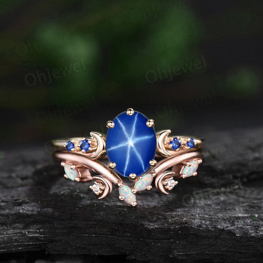 Oval star sapphire ring moon opal wedding ring set art deco five stone unique engagement ring women yellow gold anniversary ring gift