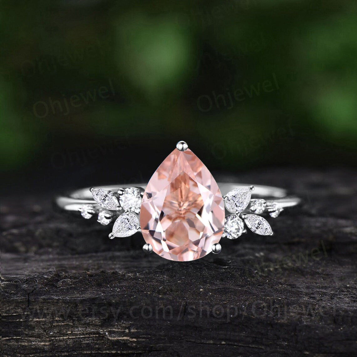 Unique pear shaped morganite engagement ring solid 14k rose gold cluster snowdrift diamond bridal promise wedding anniversary ring women