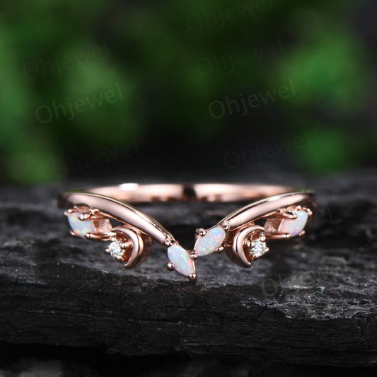 Curved marquise opal wedding band solid 14k rose gold cluster chevron 6 stone moon stacking anniversary wedding ring band women gift