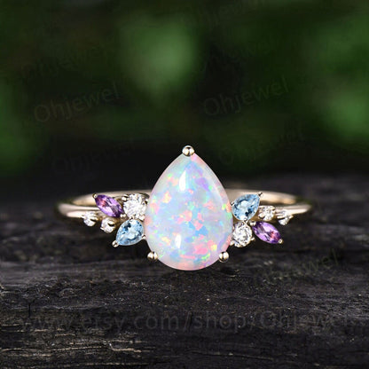 Unique pear shaped white opal engagement ring solid 14k rose gold cluster snowdrift amethyst topaz diamond bridal anniversary ring women