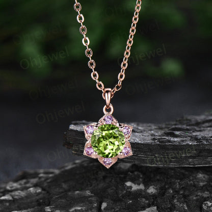 Round peridot necklace vintage milgrain floral purple amethyst Pendant women solid 14k rose gold August birthstone anniversary gift her