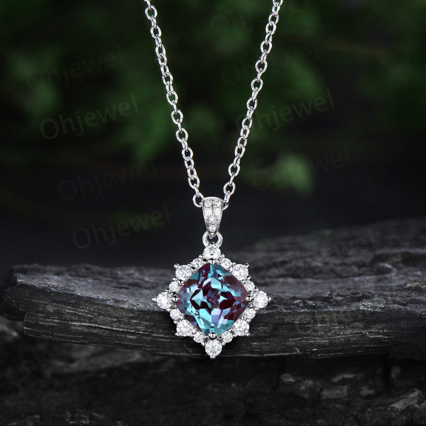 Cushion cut alexandrite necklace solid 14k rose gold unique snowdrift halo diamond Pendant June birthstone anniversary gift for women her