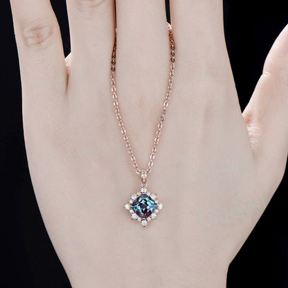 Cushion cut alexandrite necklace solid 14k rose gold unique snowdrift halo diamond Pendant June birthstone anniversary gift for women her