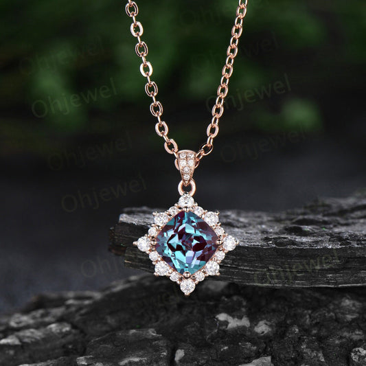 Cushion cut alexandrite necklace solid 14k rose gold unique snowdrift halo diamond Pendant June birthstone anniversary gift for women her