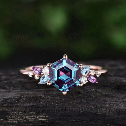 Unique Hexagon cut alexandrite engagement ring solid 14k rose gold cluster snowdrift amethyst topaz diamond bridal anniversary ring women