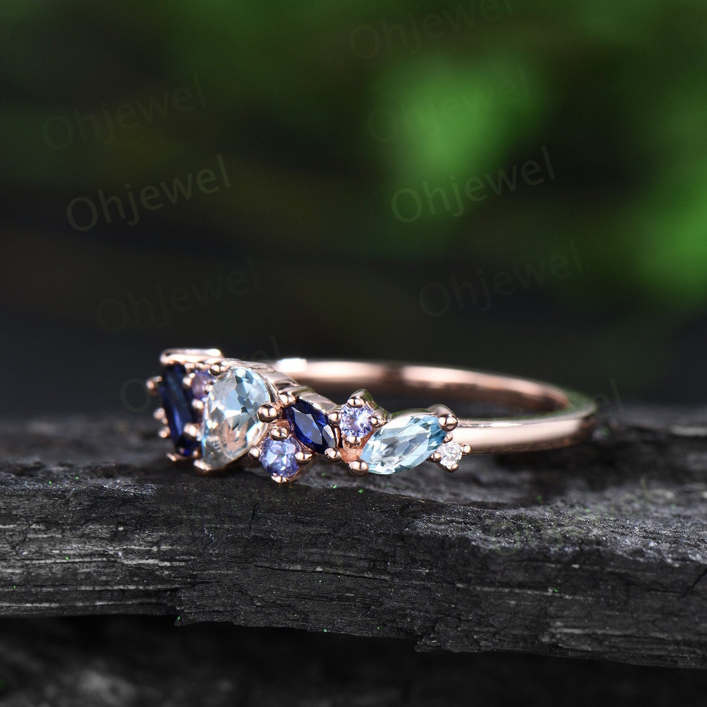 Vintage pear Aquamarine ring art deco Baguette sapphire ring dainty tanzanite ring women solid 14k rose gold anniversary wedding ring gift