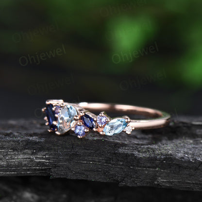Vintage pear Aquamarine ring art deco Baguette sapphire ring dainty tanzanite ring women solid 14k rose gold anniversary wedding ring gift