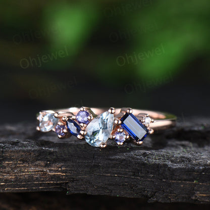 Vintage pear Aquamarine ring art deco Baguette sapphire ring dainty tanzanite ring women solid 14k rose gold anniversary wedding ring gift