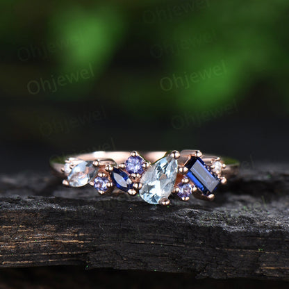 Vintage pear Aquamarine ring art deco Baguette sapphire ring dainty tanzanite ring women solid 14k rose gold anniversary wedding ring gift
