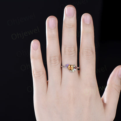 Unique hexagon cut yellow citrine engagement ring cluster peridot amethyst garnet ring women gemstone crystal multi stone ring gift for her