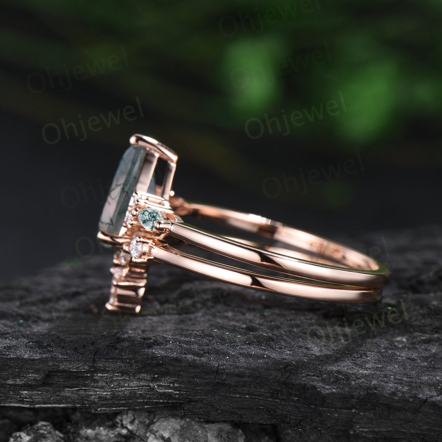 8x10mm pear moss agate engagement ring rose gold marquise moss agate ring set women Personalized diaond bridal promise ring set her