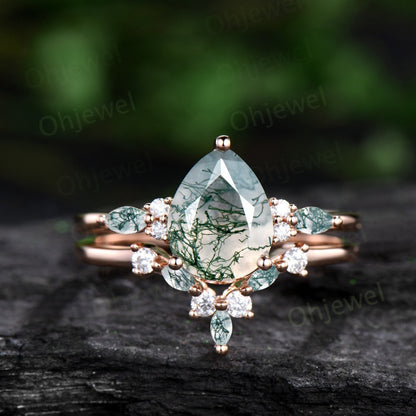 8x10mm pear moss agate engagement ring rose gold marquise moss agate ring set women Personalized diaond bridal promise ring set her