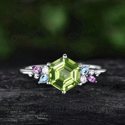 Unique Hexagon cut peridot engagement ring solid 14k yellow gold cluster snowdrift amethyst topaz diamond bridal anniversary ring women