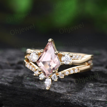 Vintage kite cut morganite engagement ring solid 14k yellow gold art deco eternity twisted diamond anniversary promise ring women her gift