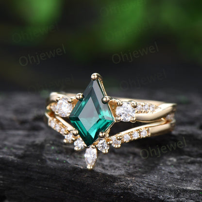 Vintage kite cut green emerald engagement ring solid 14k yellow gold art deco eternity twisted diamond anniversary promise ring women gift