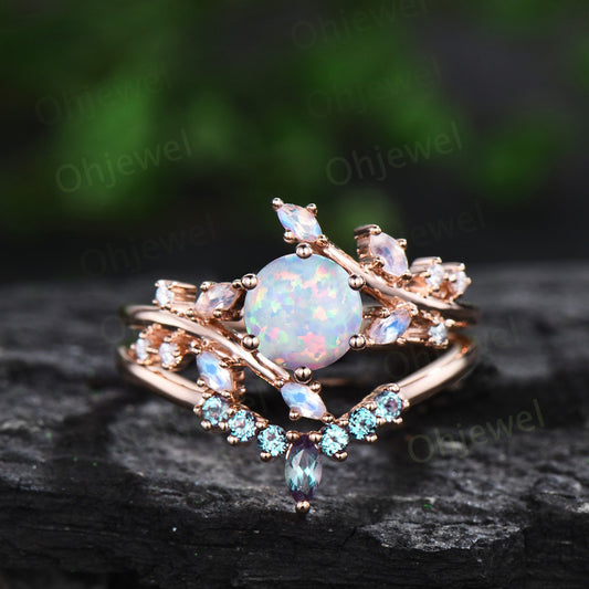 1ct round white opal engagement ring leaf cluster rose gold marquise moonstone ring women stacking twisted promise anniversary ring set
