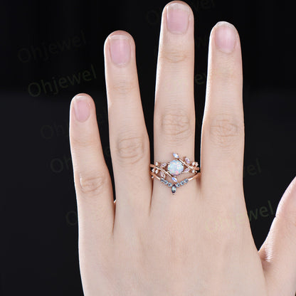 1ct round white opal engagement ring leaf cluster rose gold marquise moonstone ring women stacking twisted promise anniversary ring set