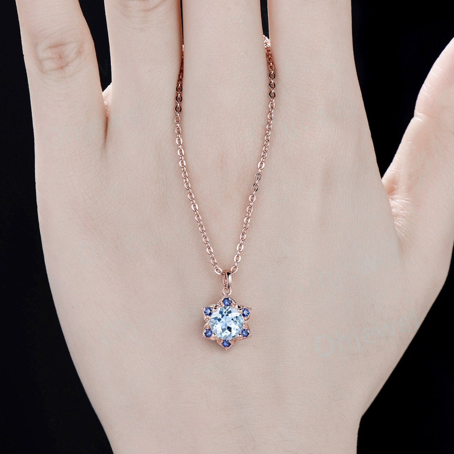 Round natural aquamarine necklace vintage milgrain floral sapphire Pendant women solid 14k rose gold March birthstone anniversary gift her
